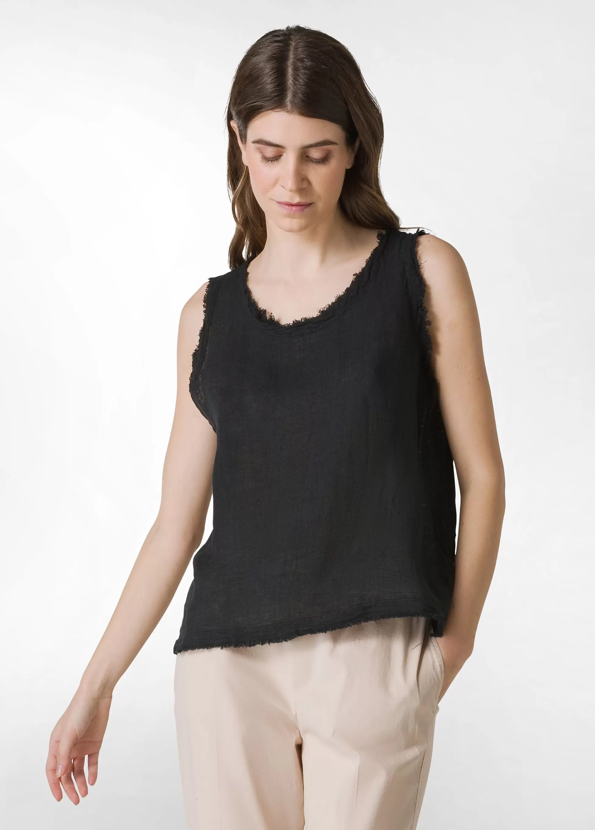 Donna DEHA Top & T-Shirts*Canotta Sfrangiata In Lino Nero